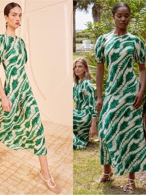 Ulla Johnson Ines Acacia Green Puff Sleeve Printed Silk Midi Dress Size 0
